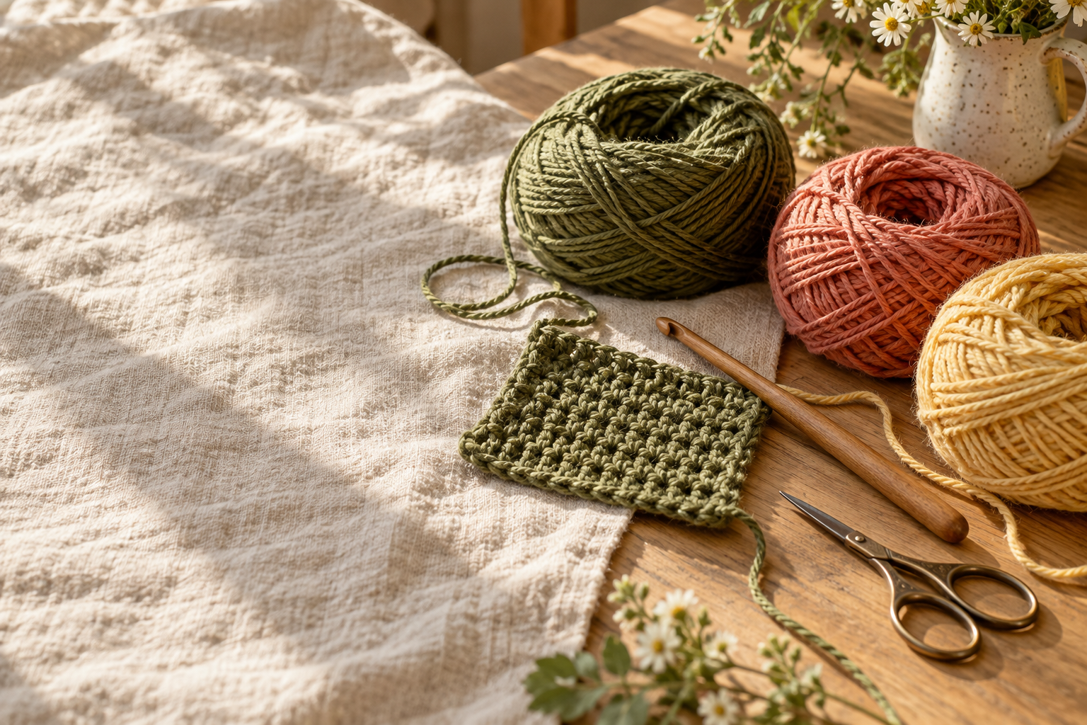 Colorful yarn on a sunlit craft table